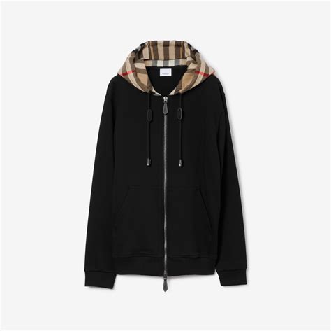 Check Hood Cotton Zip Hoodie in Black/archive beige .